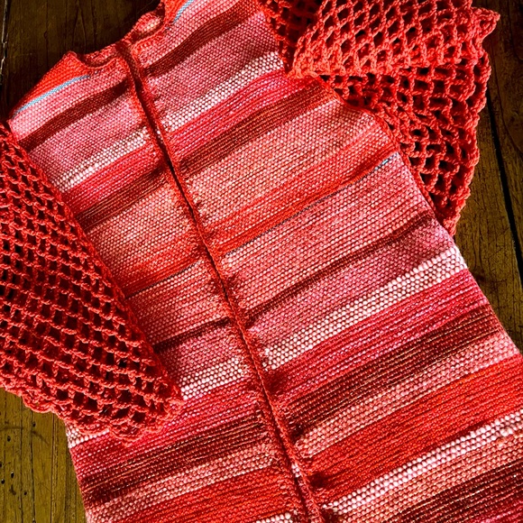 Women’s Coral & Orange Woven Sweater Coat w/ Crocheted Sleeves - Small - Picture 3 of 6